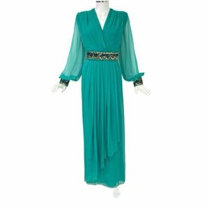 JACK BRYAN Vtg 70's 80's Green Chiffon Dress S